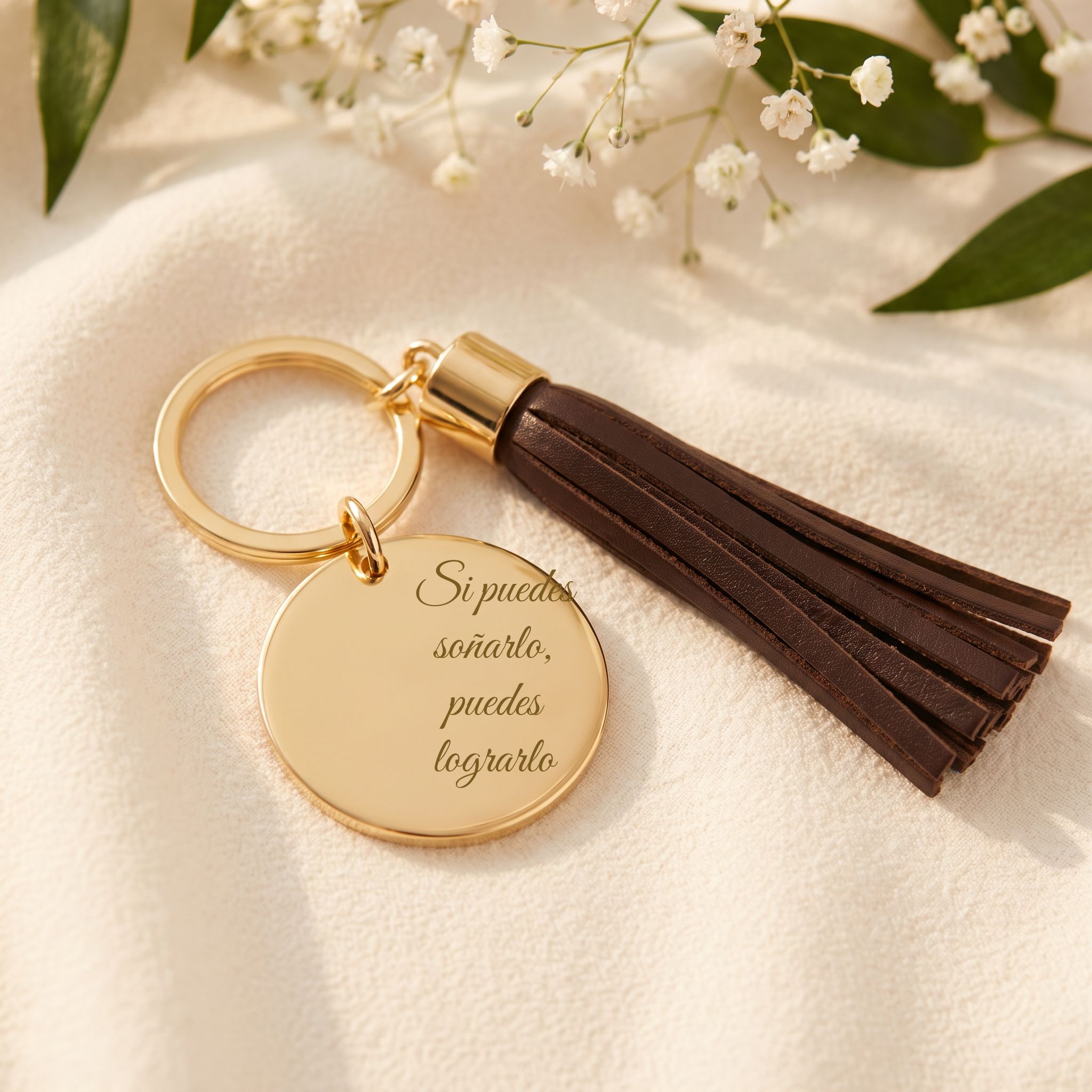 Llavero personalizado con charm de madera y borla, hecho a mano en Ponce, Puerto Rico